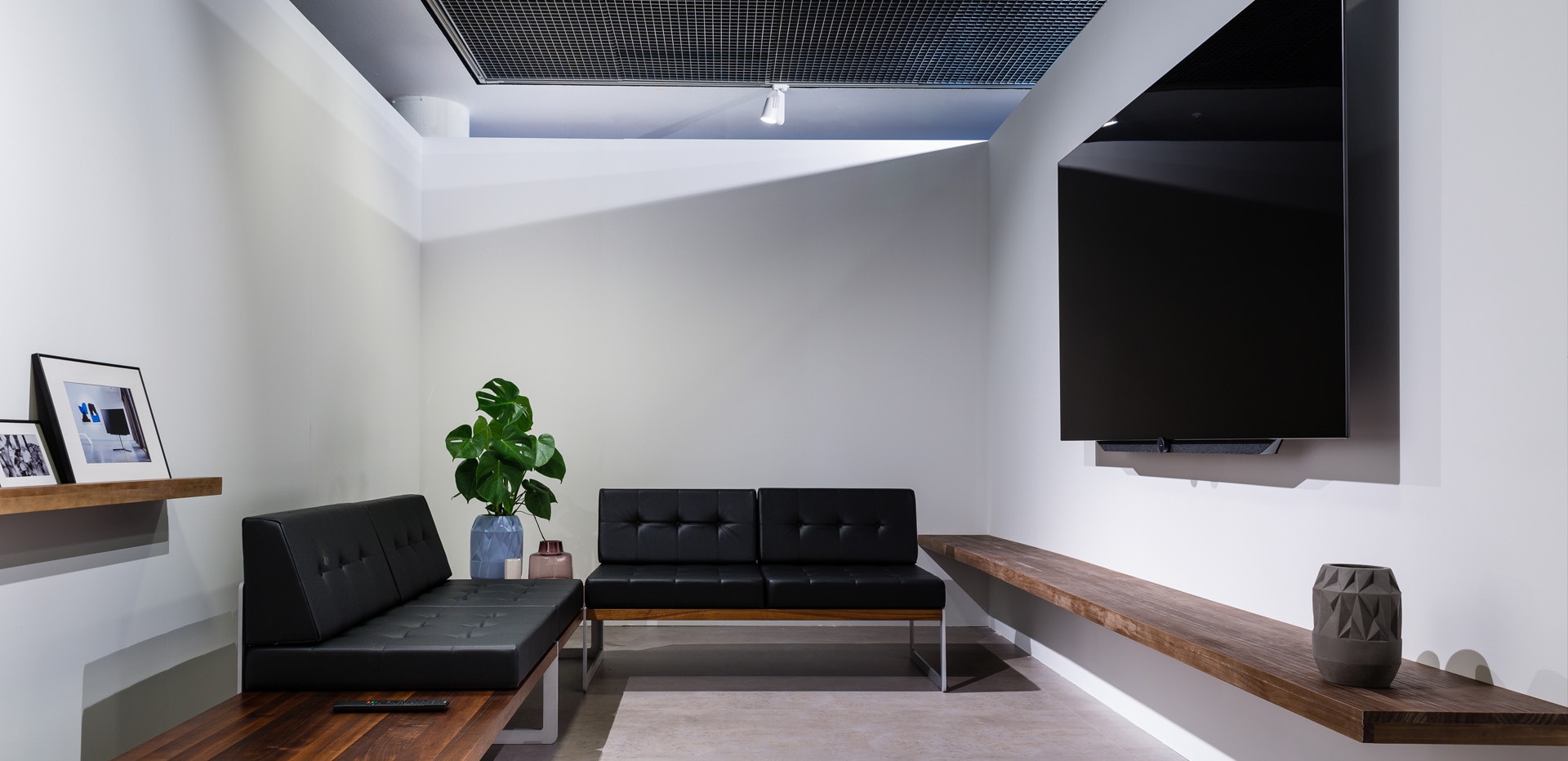 Cerasonar invisible audio application in a finished media room, from the TruAudio product overview