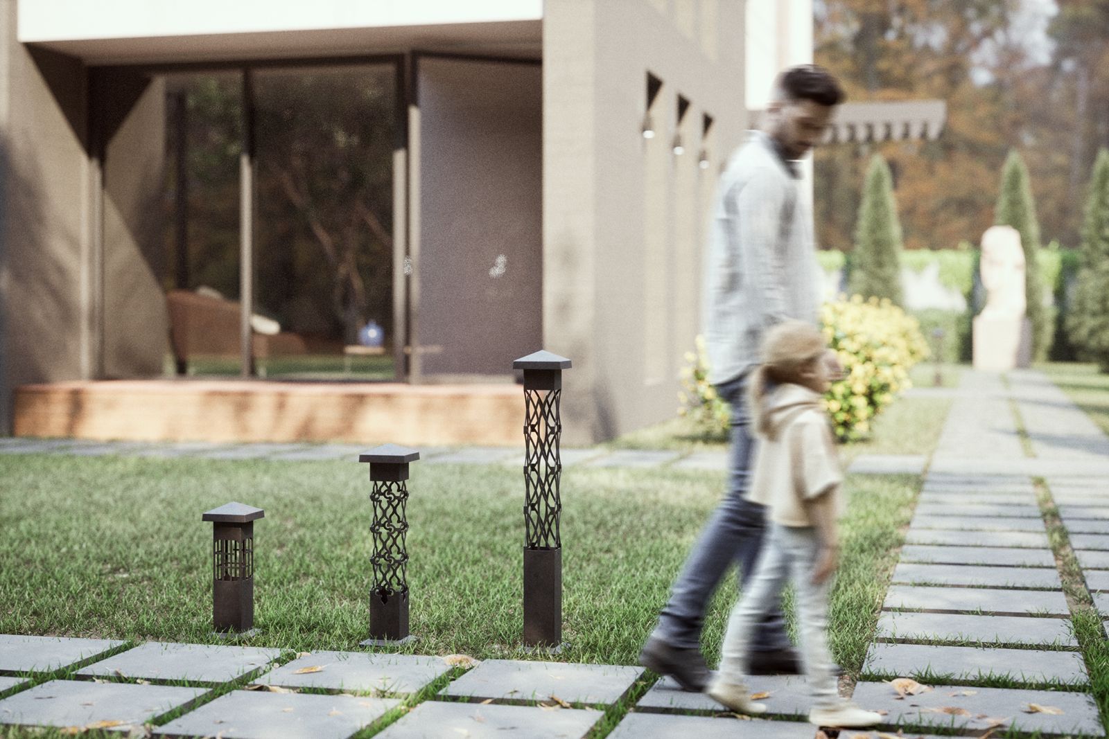 Outdoor living space with Nightscaping landscape lighting