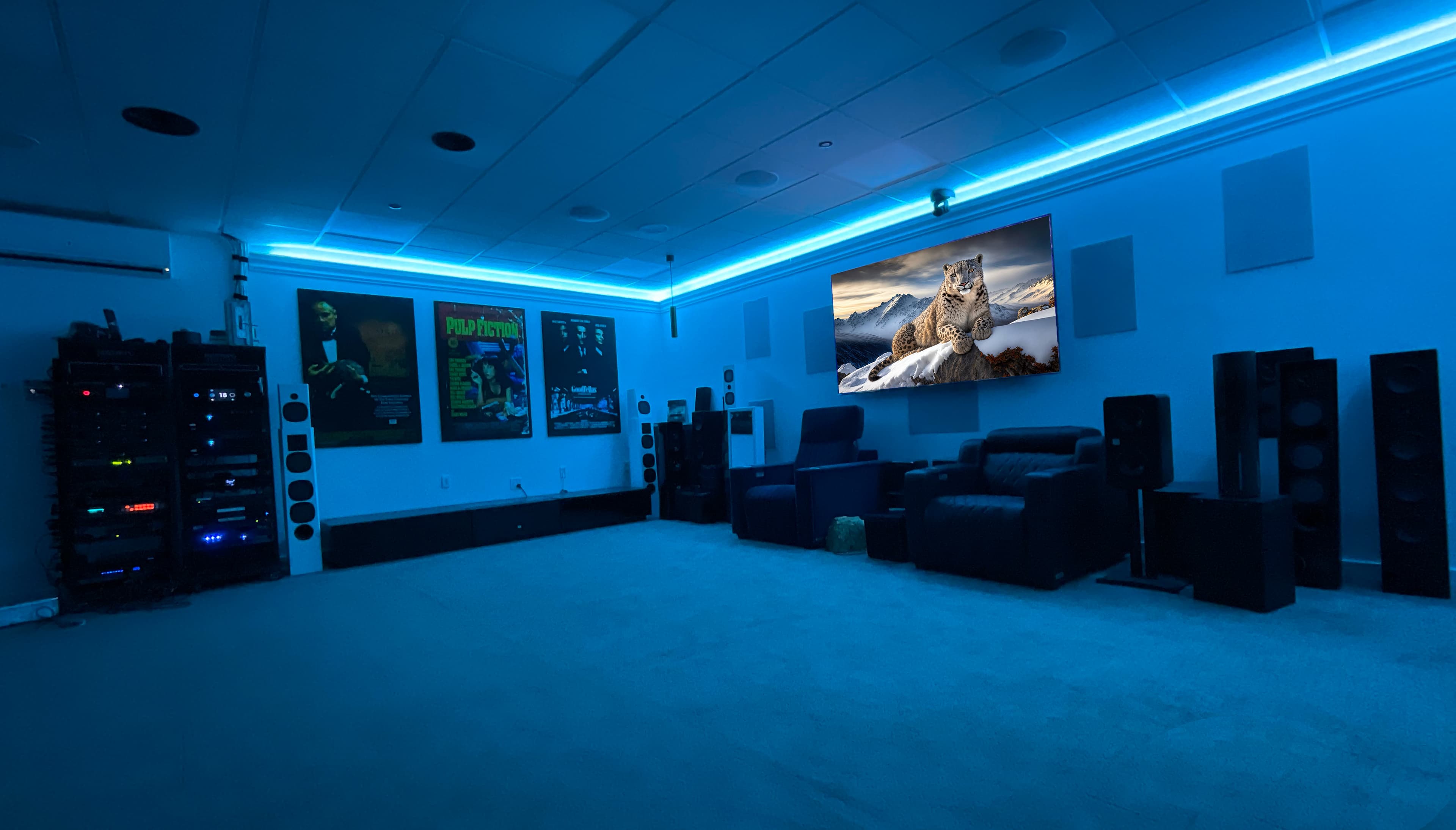 Wide DSG Metro showroom with speakers, racks, seating, display, and blue lighting